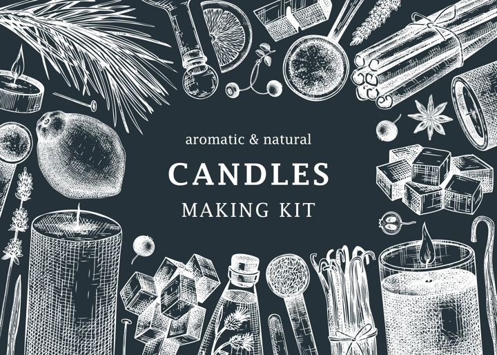 Hand-sketched aromatic candle ingredients frame on chalkboard. With candles, wax, fragrance, color, herbs, and skewers sketches. Vector design for aromatherapy, hobby, handcrafts, candle making.